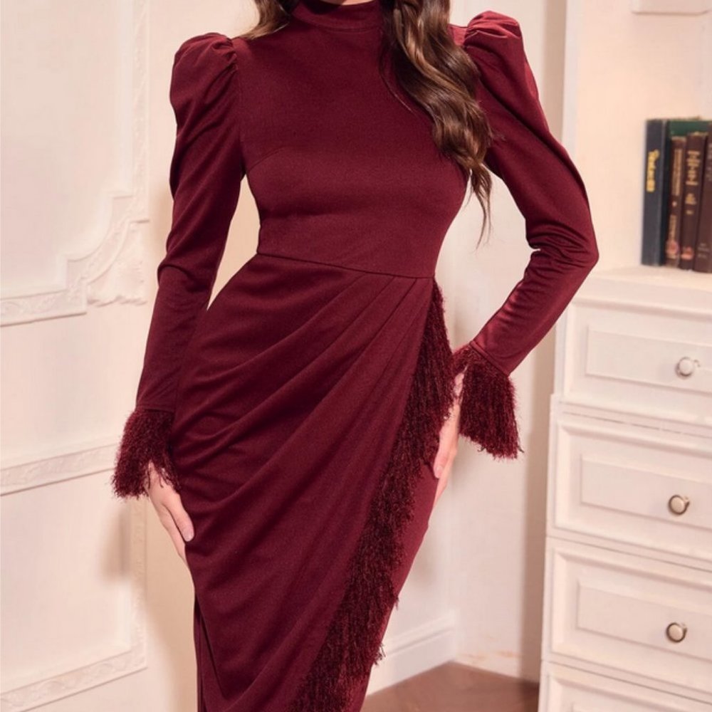 burgundy draped side asymmetrical hem fuzzy trim long sleeve dress chic ele… - Picture 3 of 5